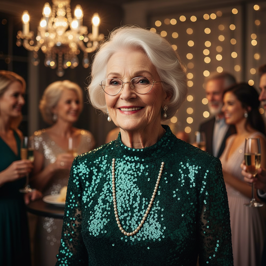 Elegant senior woman wearing gold half moon fancy dress glasses at party