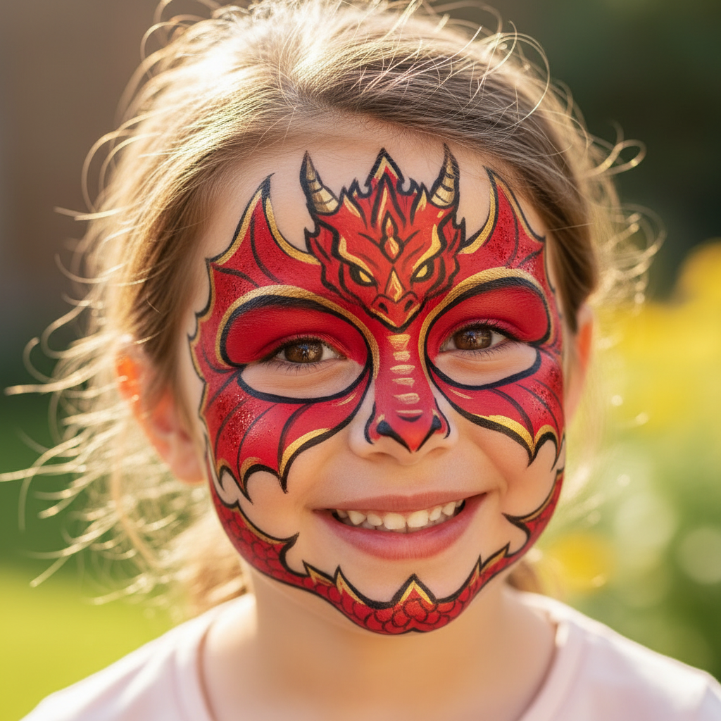 Child with professional bright red Snazaroo face paint design showing vibrant colour result