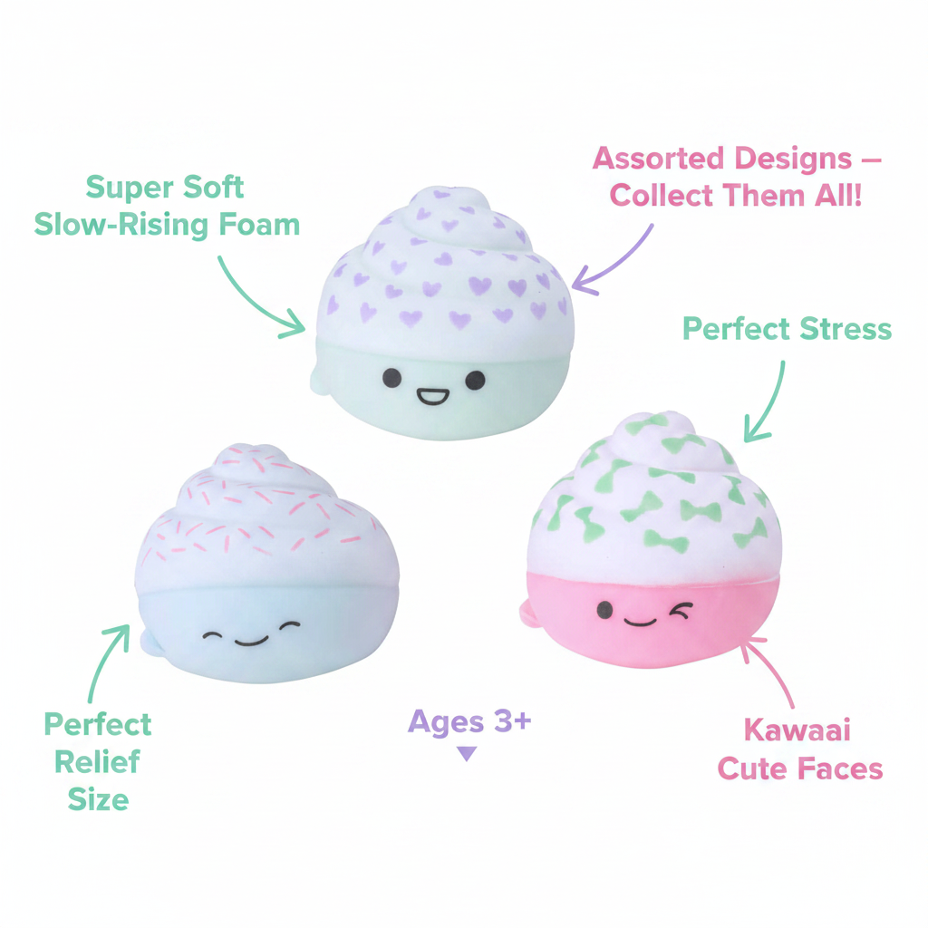 Squishy Cupcake Cuties feature infographic showing super soft foam, assorted designs, kawaii faces and stress relief benefits