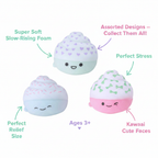 Squishy Cupcake Cuties feature infographic showing super soft foam, assorted designs, kawaii faces and stress relief benefits