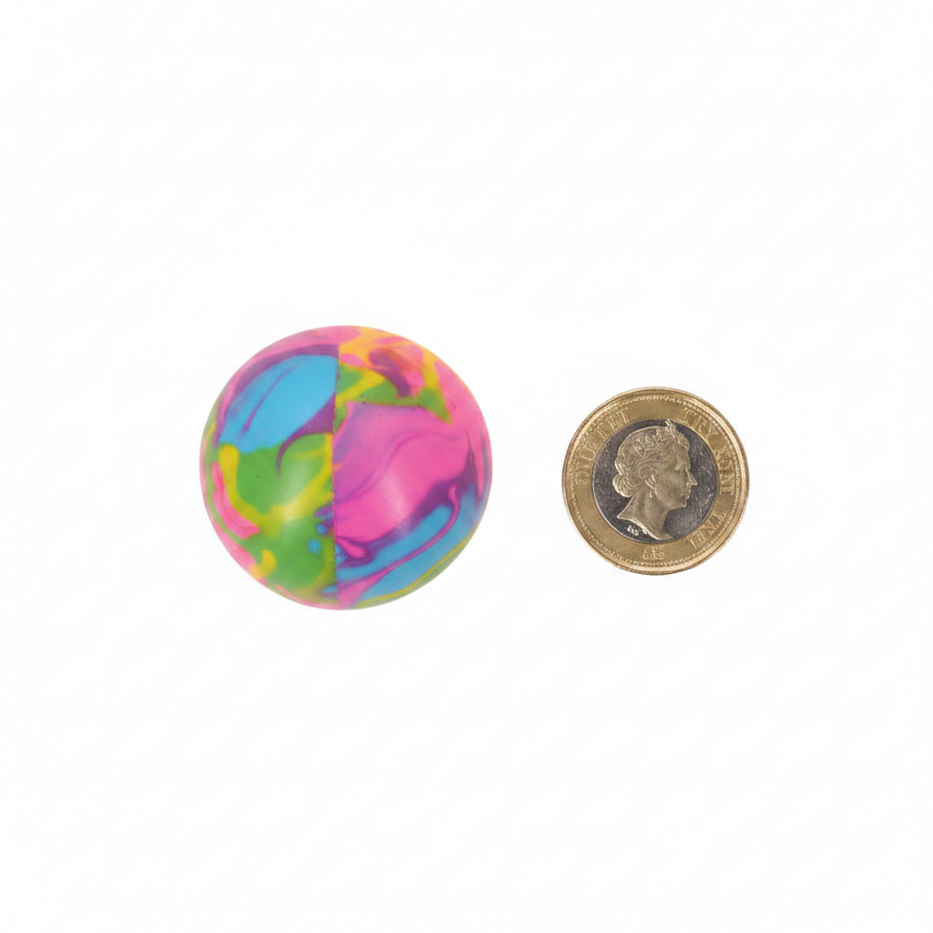 Squishy Graffiti Ball flat lay beside a £1 coin showing product size, multicolour graffiti pattern on white background