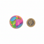 Squishy Graffiti Ball flat lay beside a £1 coin showing product size, multicolour graffiti pattern on white background