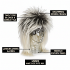 80s rockstar blonde and dark wig feature infographic with callout labels on white background