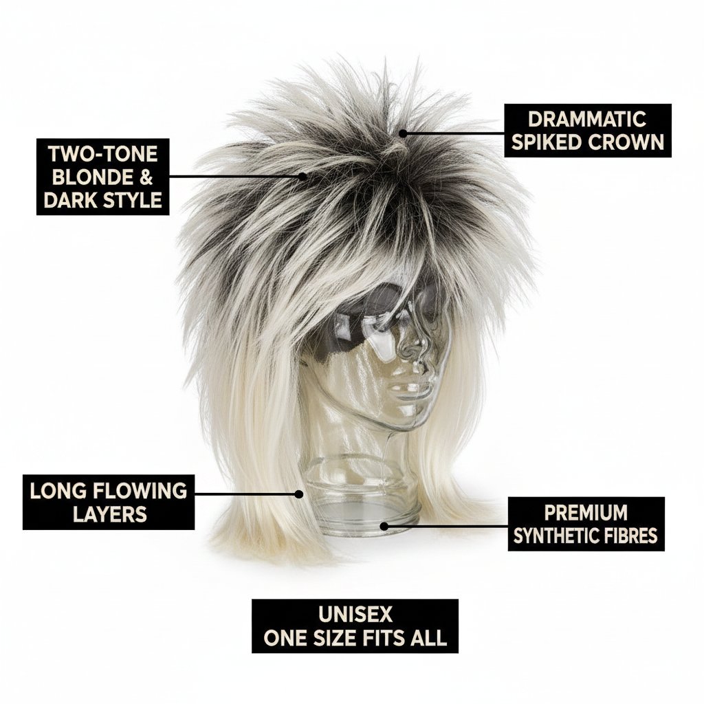 80s rockstar blonde and dark wig feature infographic with callout labels on white background