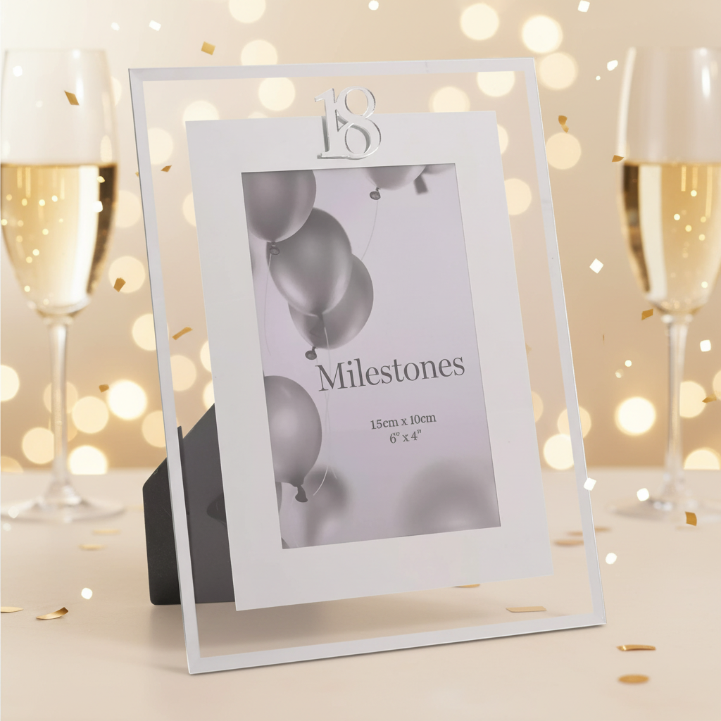 Milestones silver Age 18 gift photo frame 4x6 with elegant 18th birthday celebration background