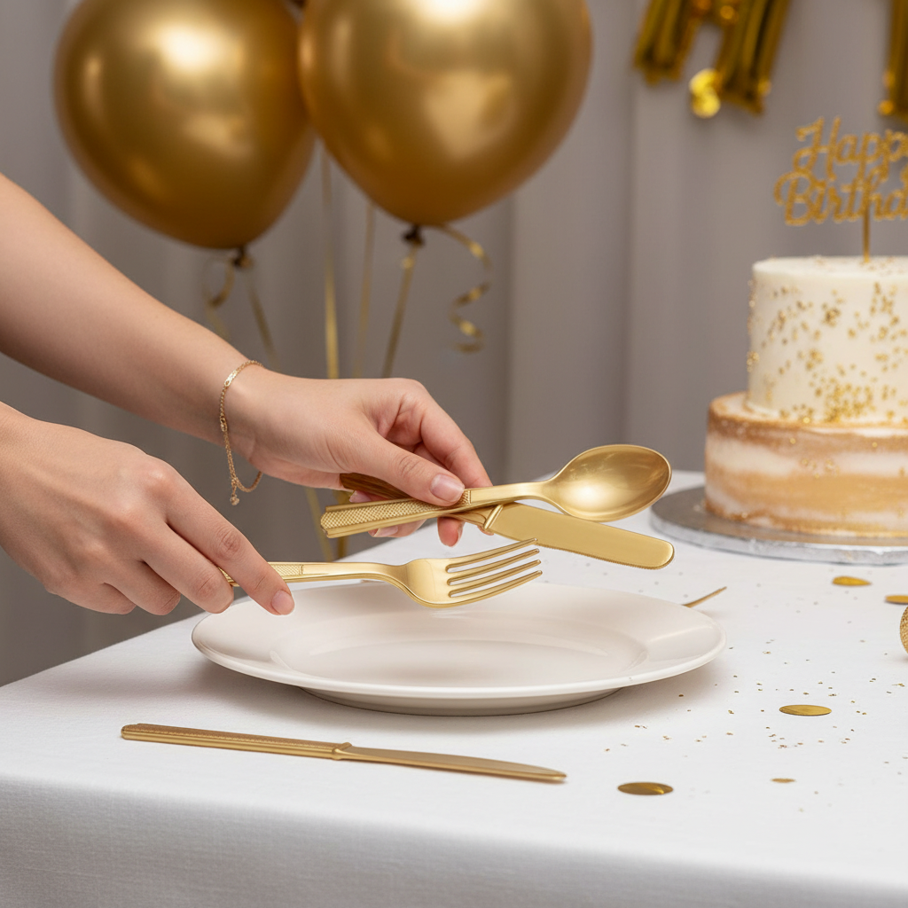 Gold reusable plastic cutlery set styled on a decorated birthday party table with balloons and cake