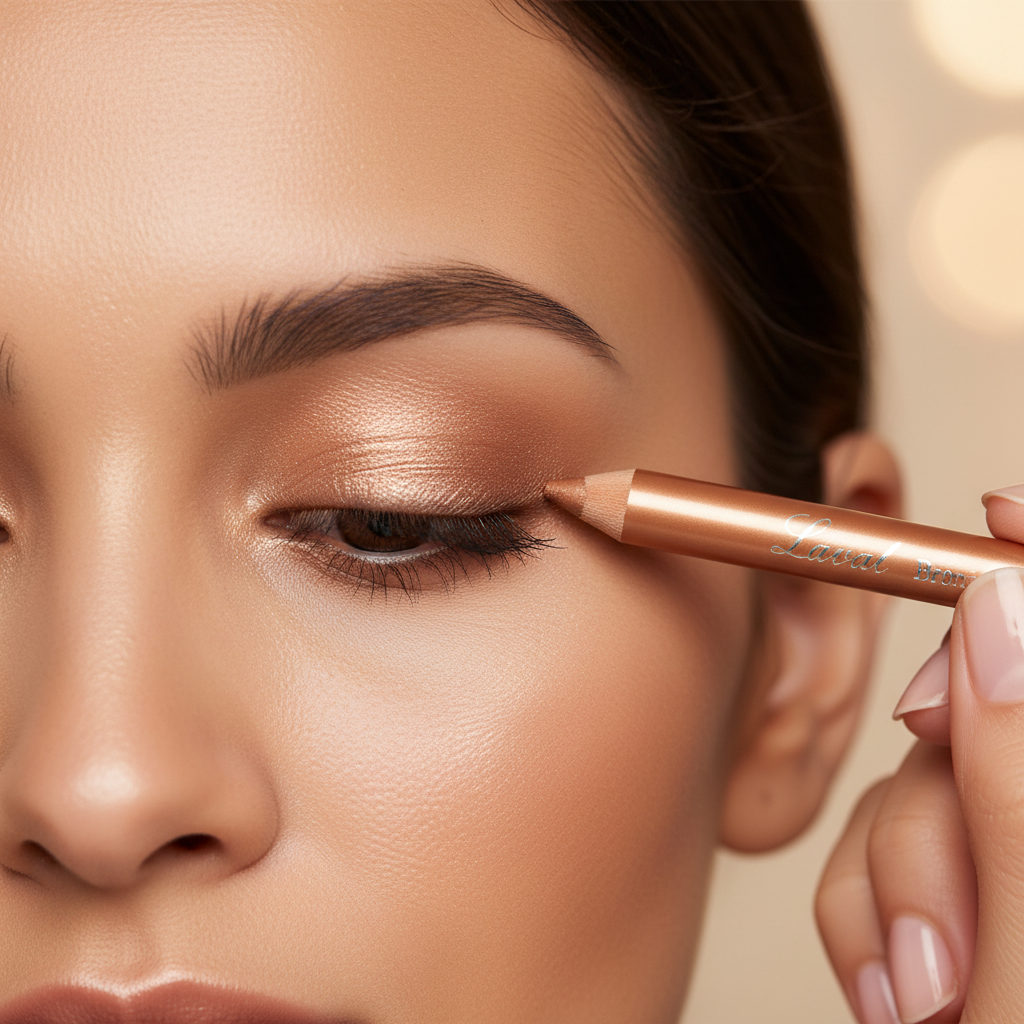 Woman applying Laval Pearl Bronze eyeshadow pencil to create glamorous eye makeup look
