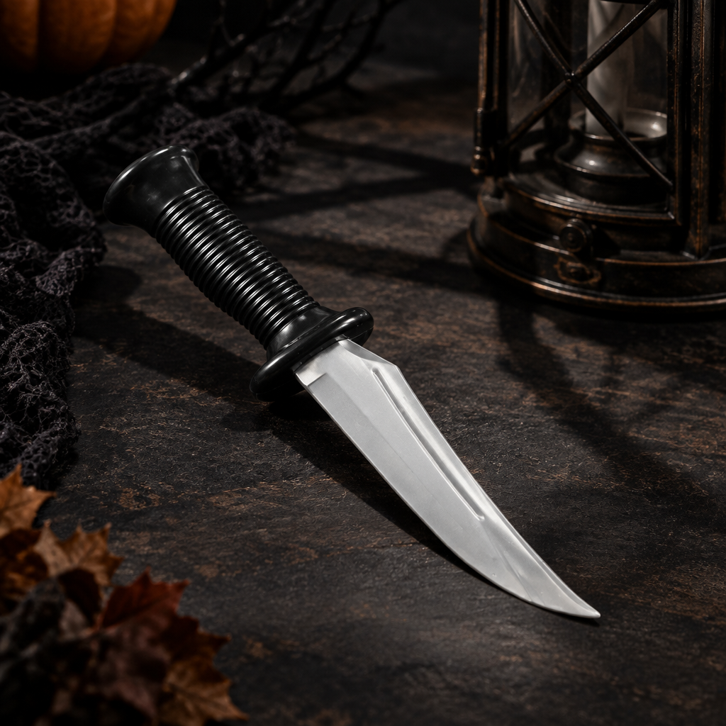 Black-handled silver-grey costume knife prop lying on a dark table beside a lantern