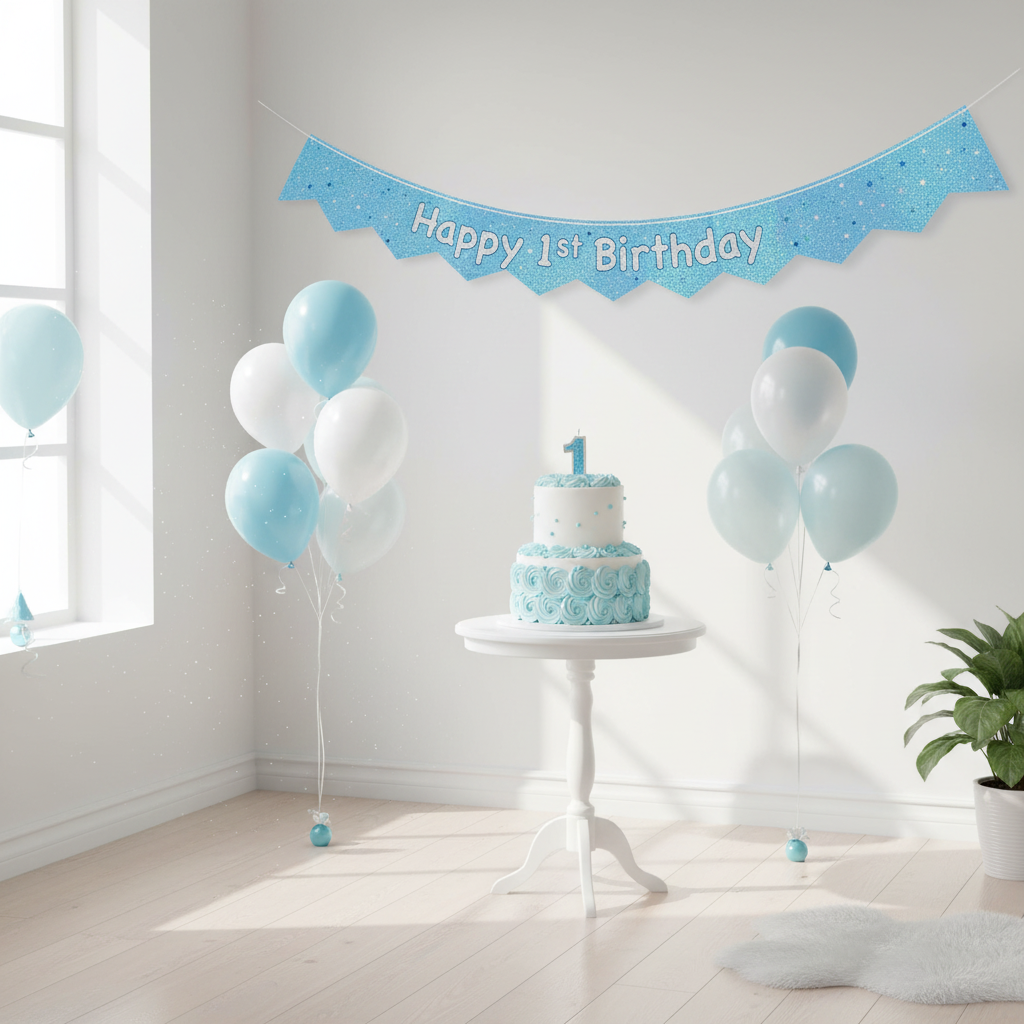 Blue glitz foil banner in decorated first birthday party room