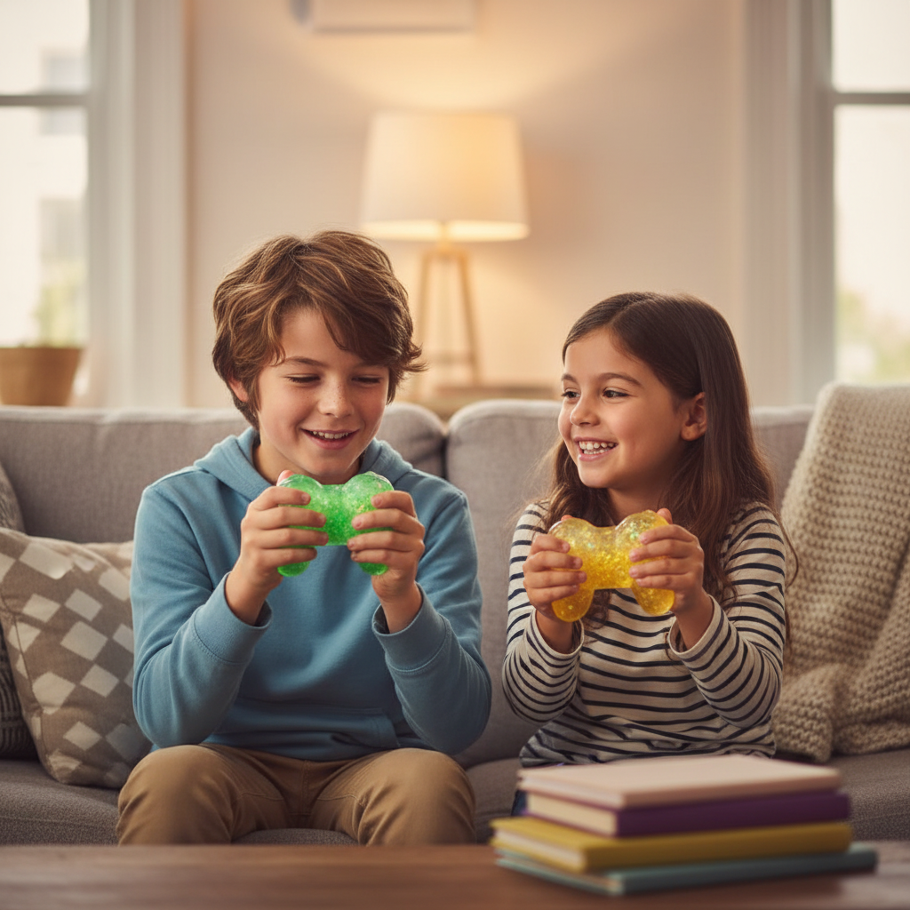 Two kids on a sofa comparing their green and yellow Stretch and Squeeze Game Controller Gel Toys in a cosy living room