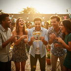Group of friends laughing hysterically at a party after Silver Fart Bomb Bag prank in warm golden hour light