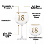 Art Deco 18th Birthday Gin Glass feature infographic with callout labels highlighting Art Deco design, quality glass and gift appeal