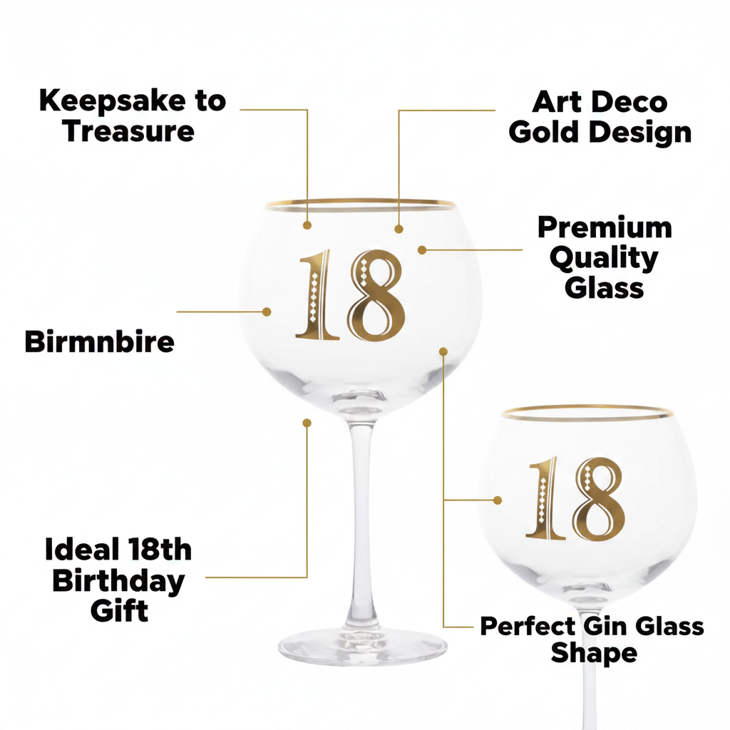 Art Deco 18th Birthday Gin Glass feature infographic with callout labels highlighting Art Deco design, quality glass and gift appeal