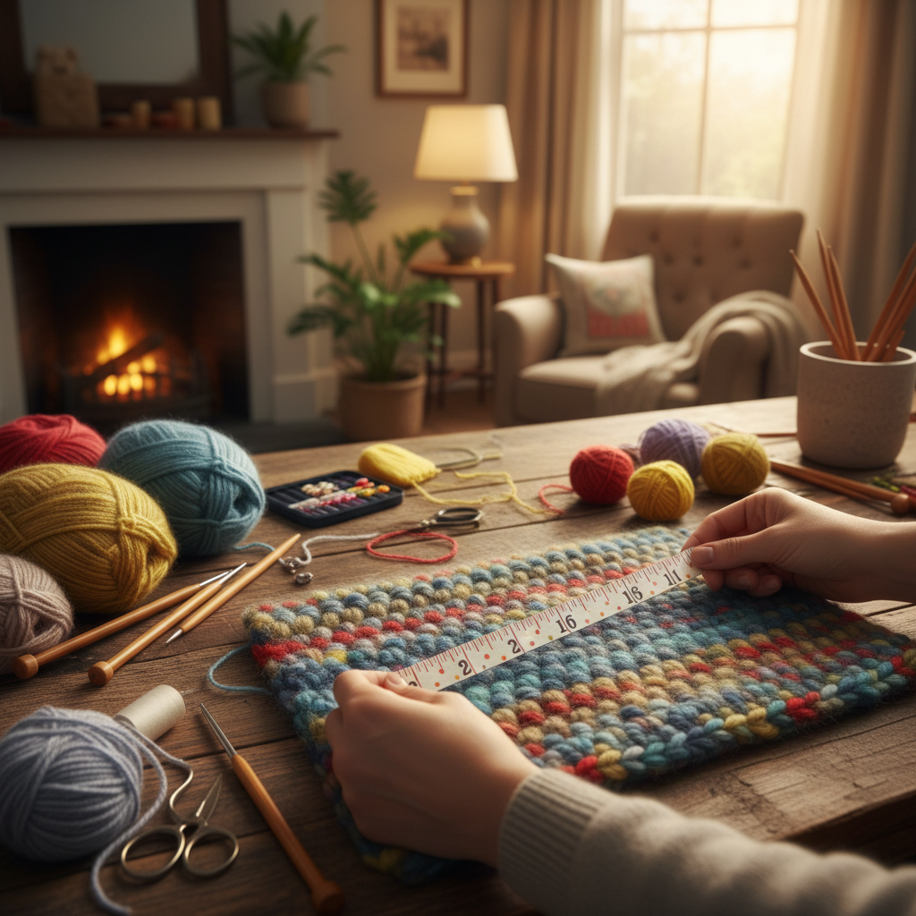 Crafter using a colourful cloth tape measure to measure knitting in a cosy home setting