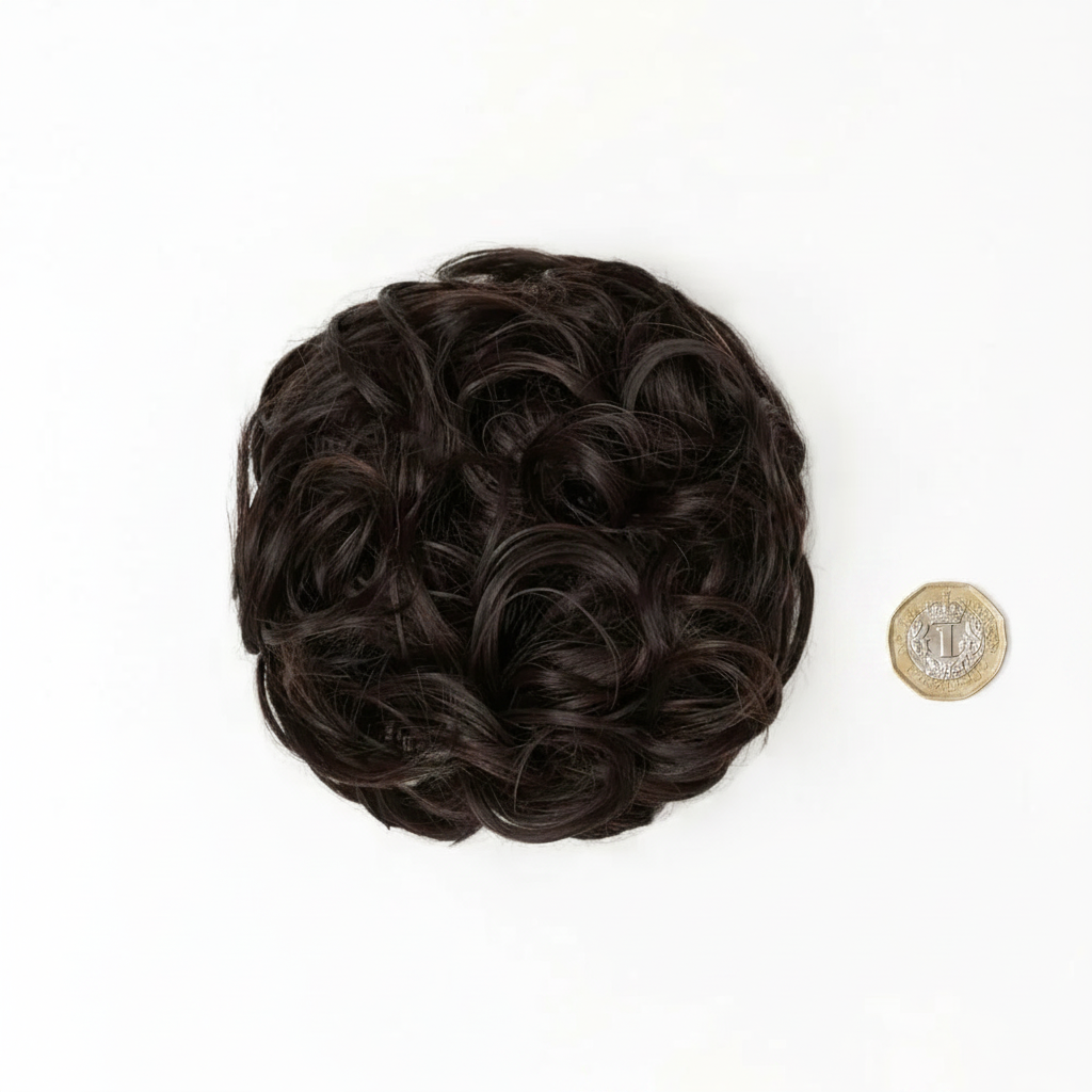 Flat lay of dark brown curly messy hair bun 2 Nigella beside a £1 coin showing product size, clean white background with soft overhead lighting