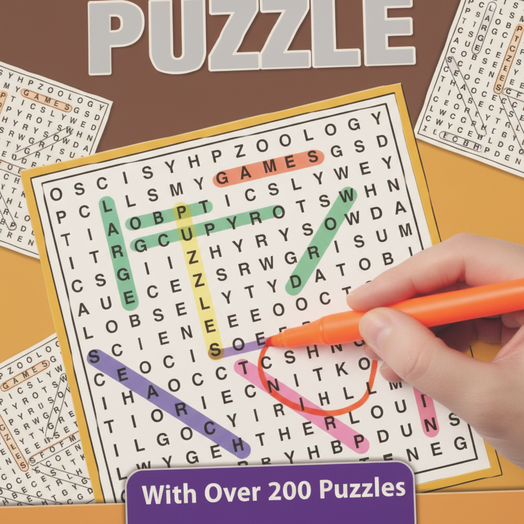 Hands circling a found word in A5 Mega Wordsearch Puzzle Book with coloured highlighter
