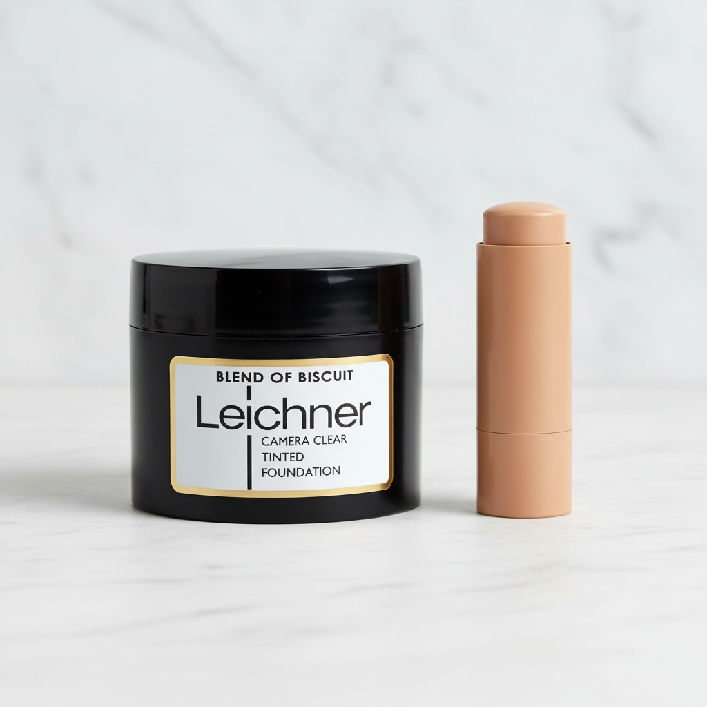 Leichner Camera Clear Foundation Blend Of Biscuit on white marble surface - professional product shot