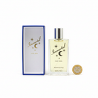 D&M Fragrances Immortal For Men 100ml EDT flat lay showing royal blue box open beside clear glass bottle with silver chrome cap and a £1 coin for scale