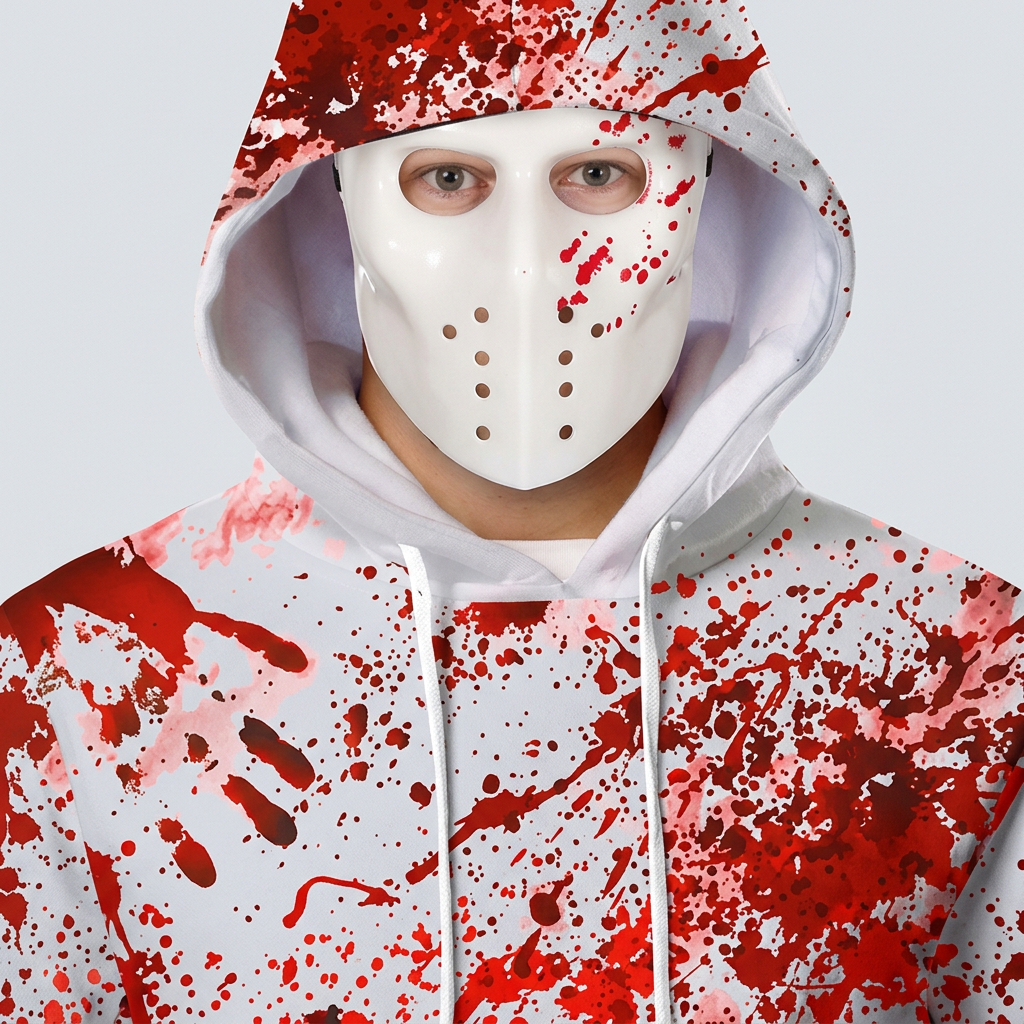 Close-up of the white costume mask, red-splattered hood and white hoodie drawstrings.