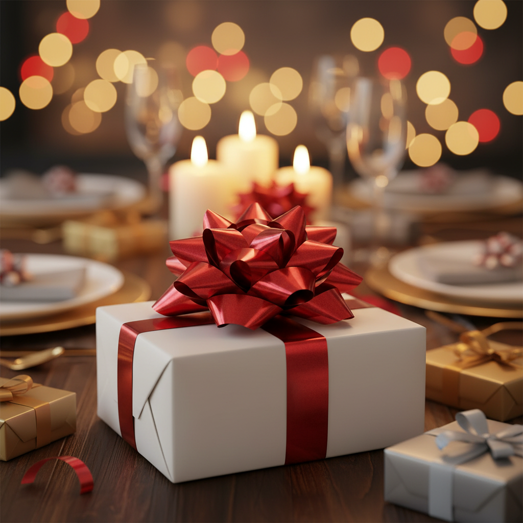 Beautiful gift wrapped with Eleganza metallic red ribbon bow