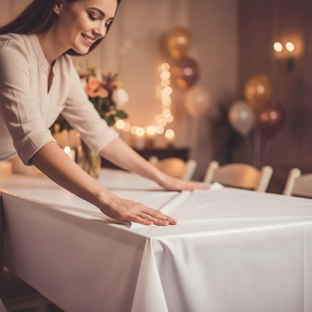 Woman smoothing a white plastic tablecloth over a party table while setting up for a celebration