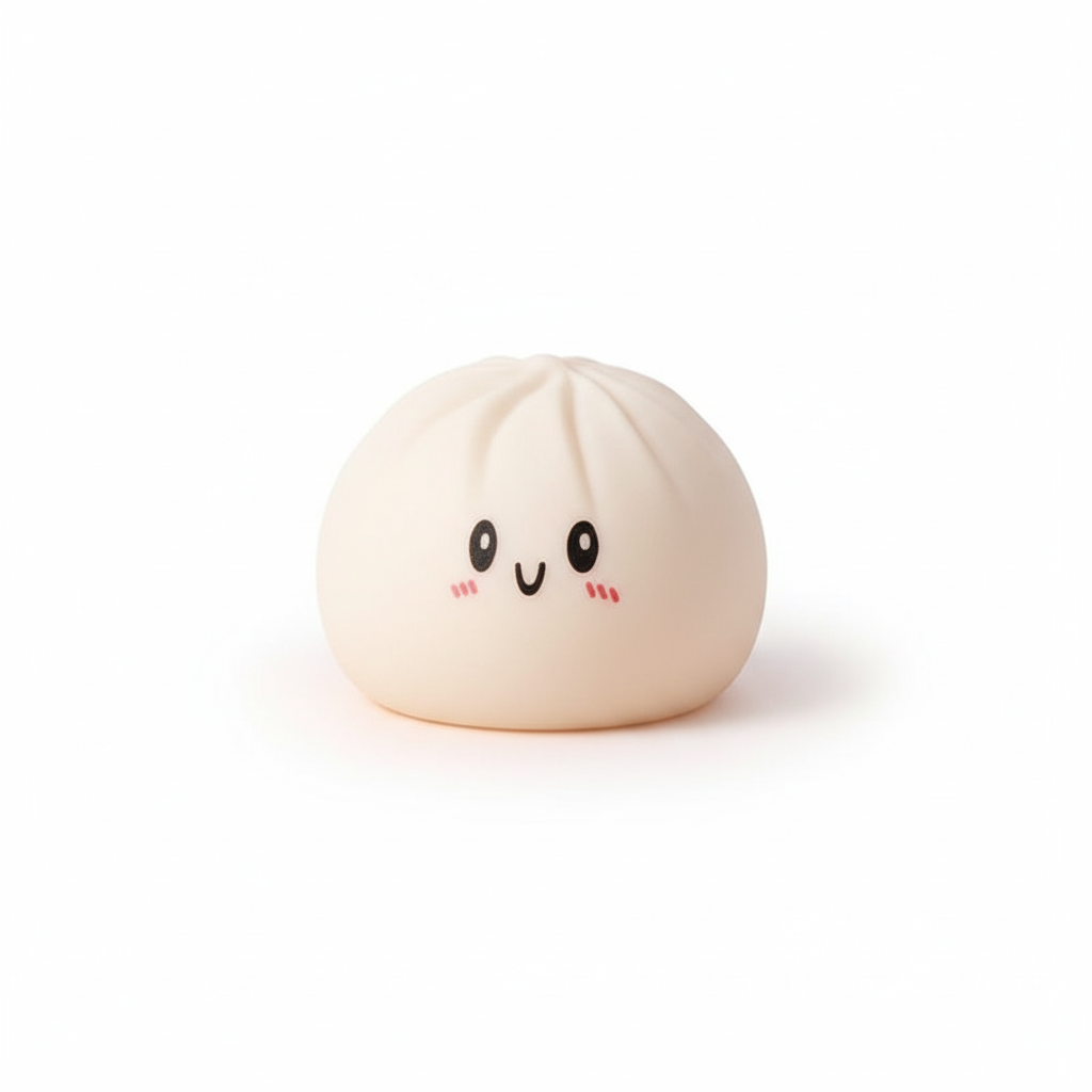 Squishy BAO Dumpling Toy 8.5cm on white background, pastel coloured soft slow-rise squeeze toy