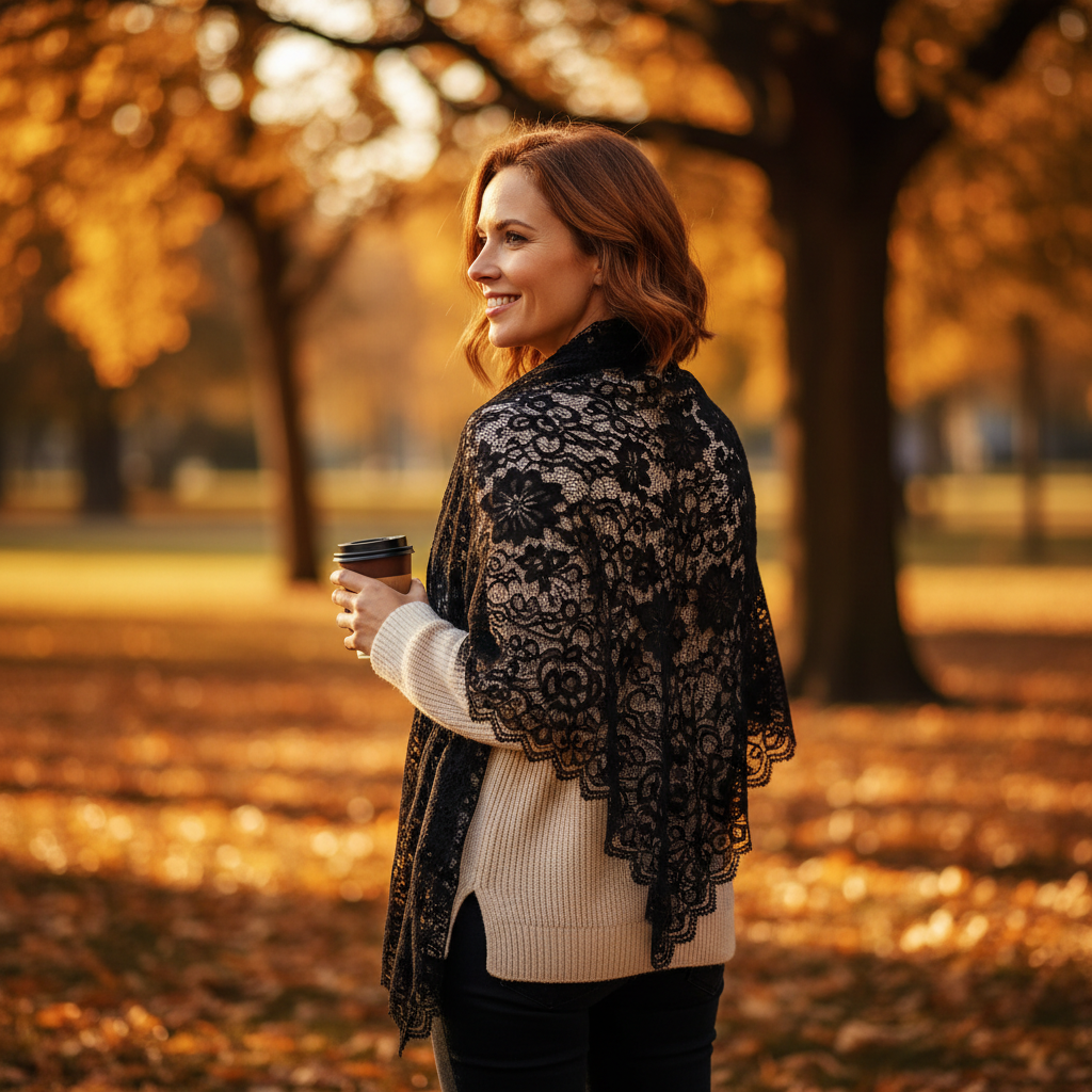 Stylish woman wearing black triangle lace scarf draped over shoulders in autumn park at golden hour