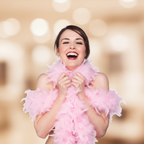 Woman playfully wrapping a soft baby pink feather boa around her neck, candid lifestyle photography with creamy bokeh background