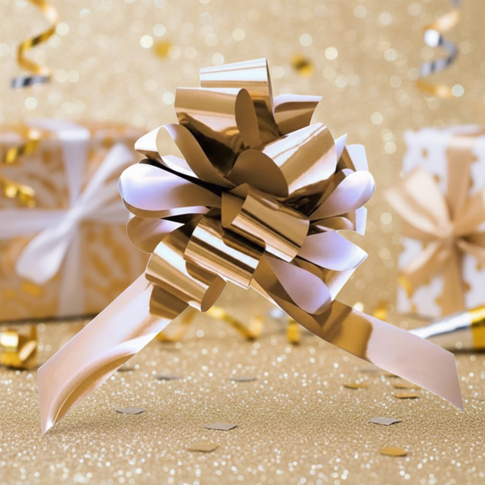 Metallic gold pull bow 31mm fully bloomed on white background, luxury gift wrapping accessory