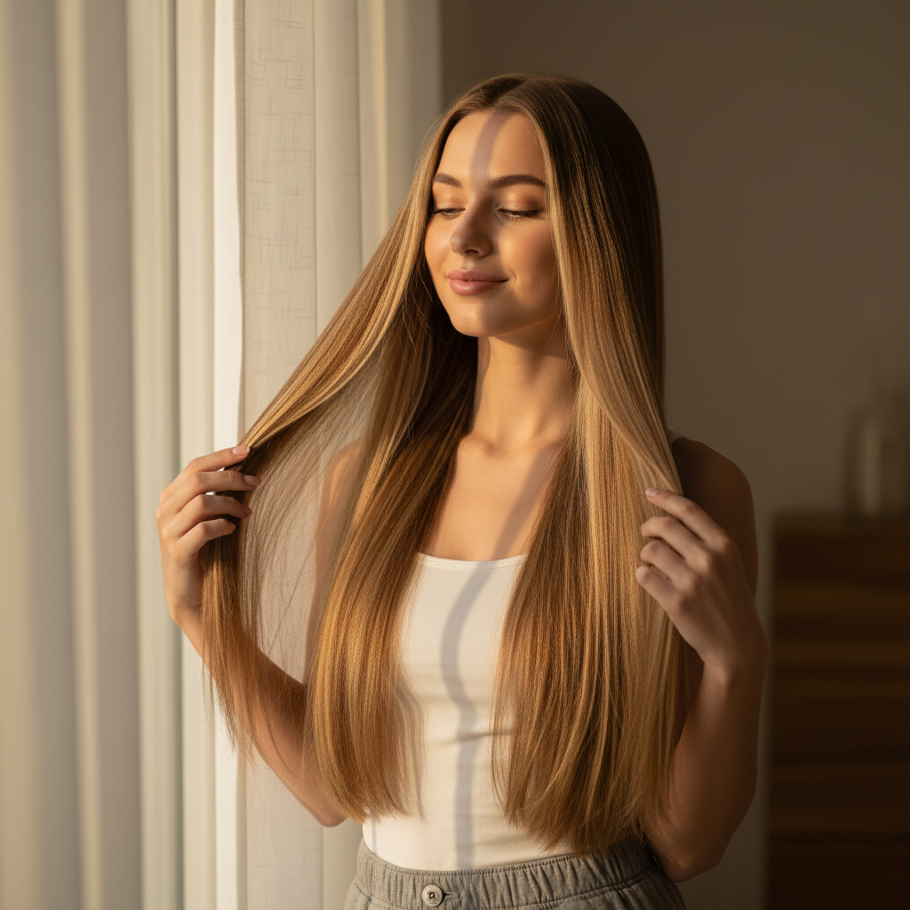 Woman with long silky honey blush hair running fingers through her hair in golden hour light