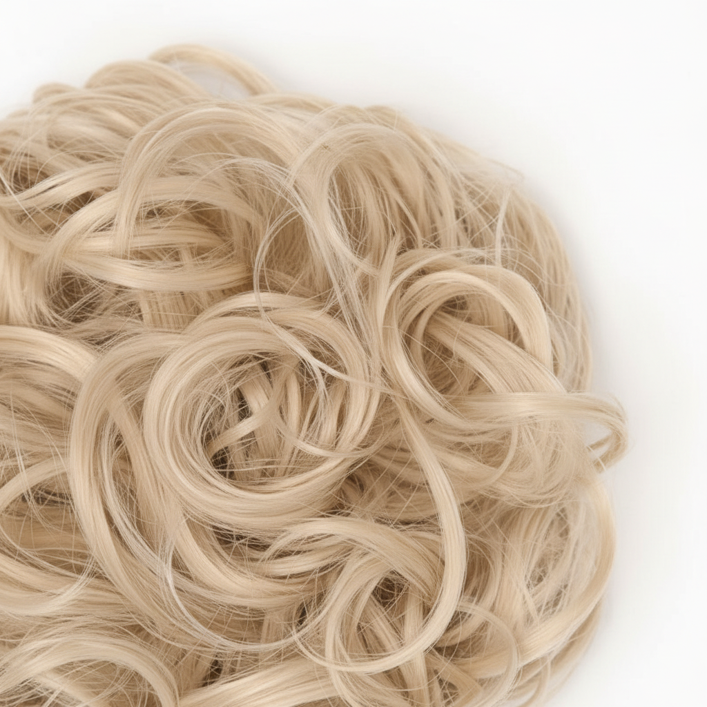 Extreme macro close-up of warm blonde curly hair bun showing individual curl texture, strand quality and craftsmanship detail