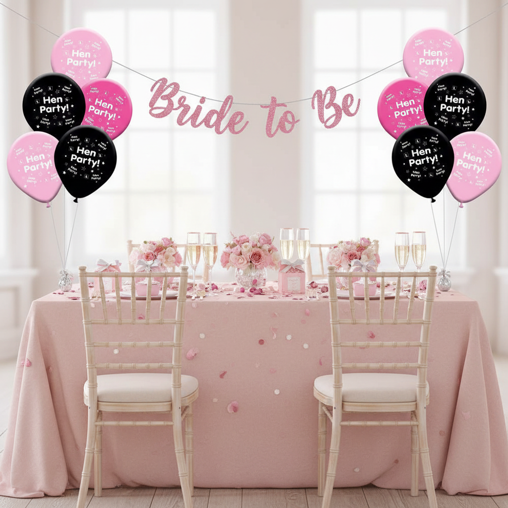 Hen party table decorated with pink and black latex balloons, prosecco glasses and confetti