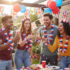 Four friends each wearing a red, white and blue Hawaiian lei at a patriotic British party — full set in use