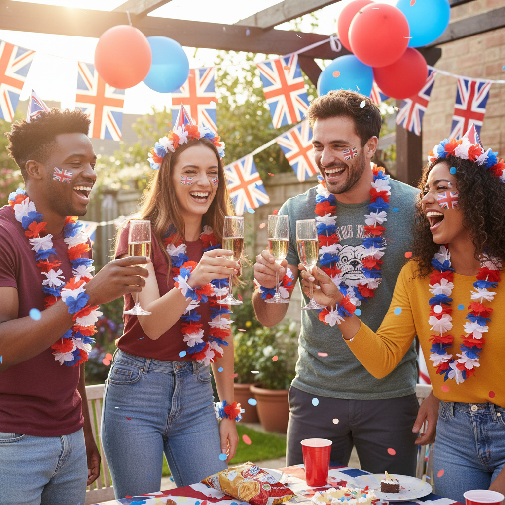 Four friends each wearing a red, white and blue Hawaiian lei at a patriotic British party — full set in use