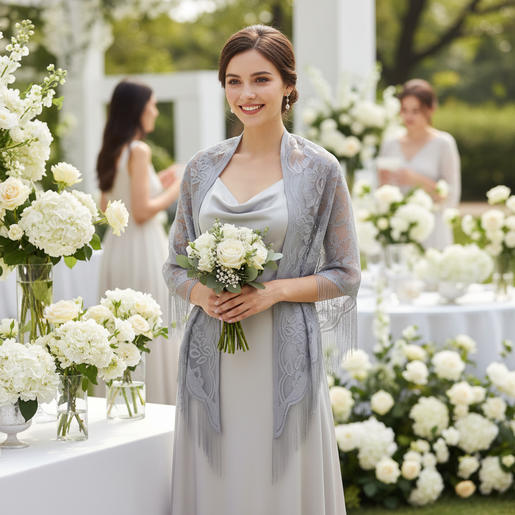 Stylish woman at an elegant daytime wedding wearing a silver grey lace triangle shawl with tassel fringe over a pale grey dress