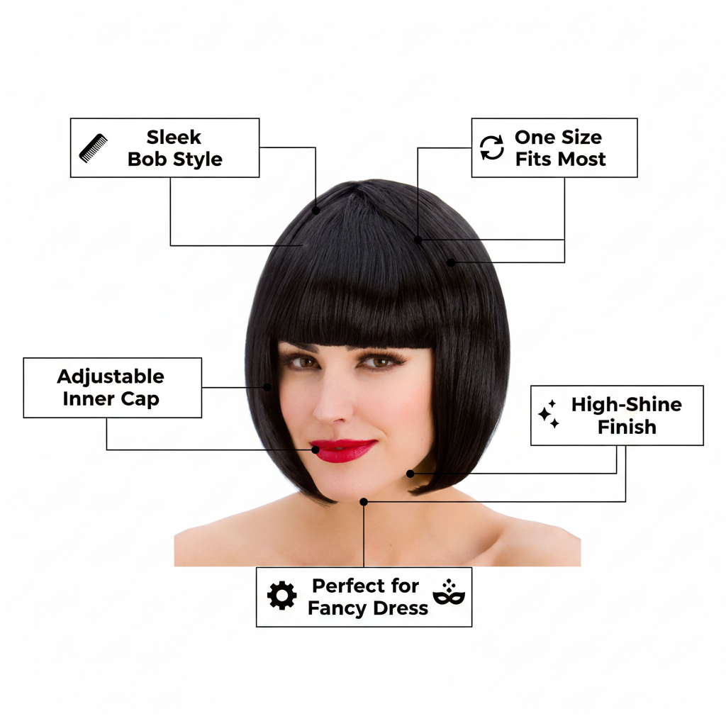 Diva black bob wig feature infographic with 5 A+ callout labels on white background