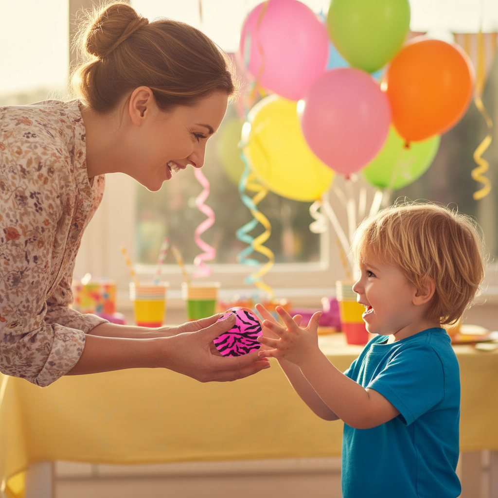 Parent handing a Scrunchems Neon Safari Squish Stress Ball to an excited child at a colourful birthday party