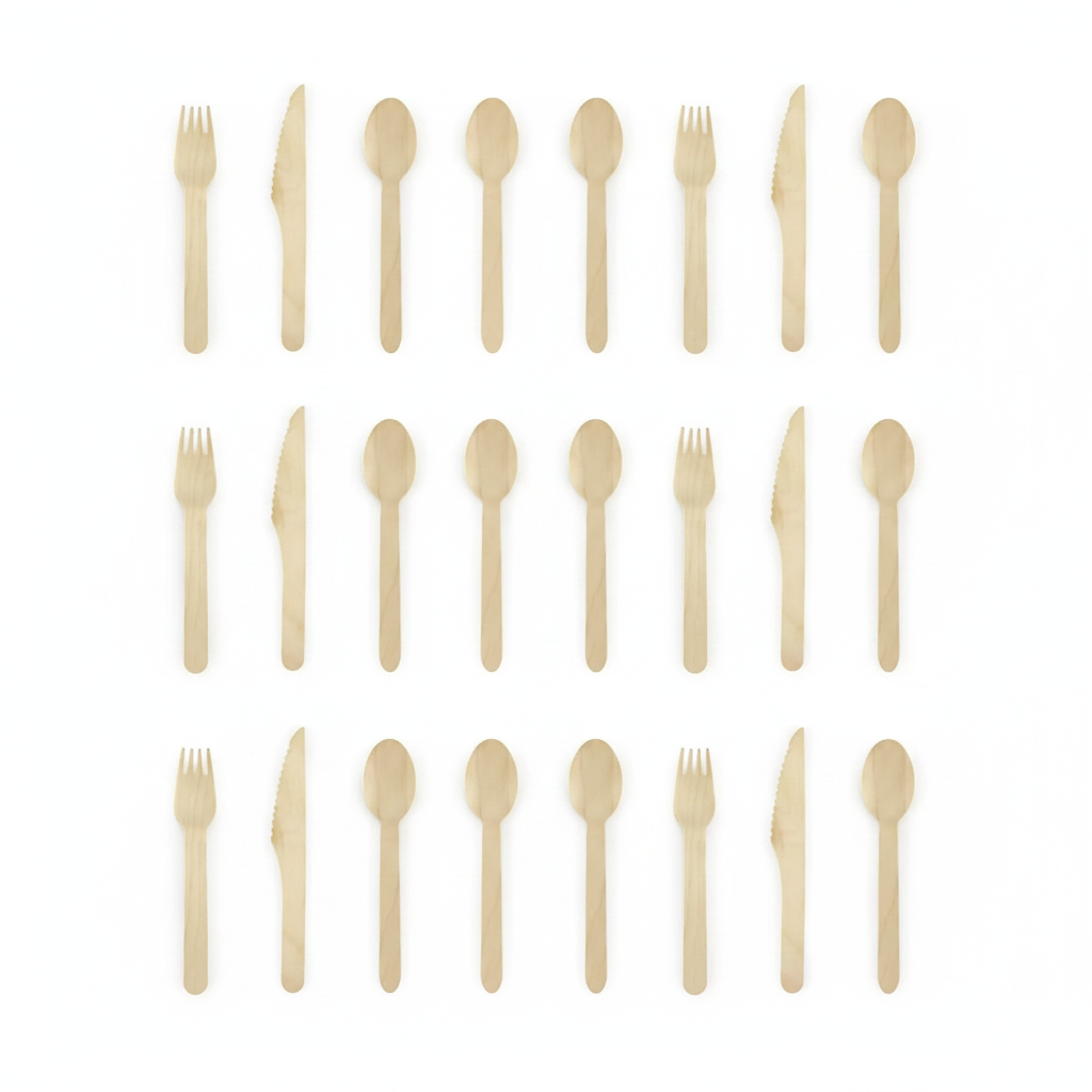 Eco birchwood wooden cutlery set 18 pieces — knives, spoons and forks on white background