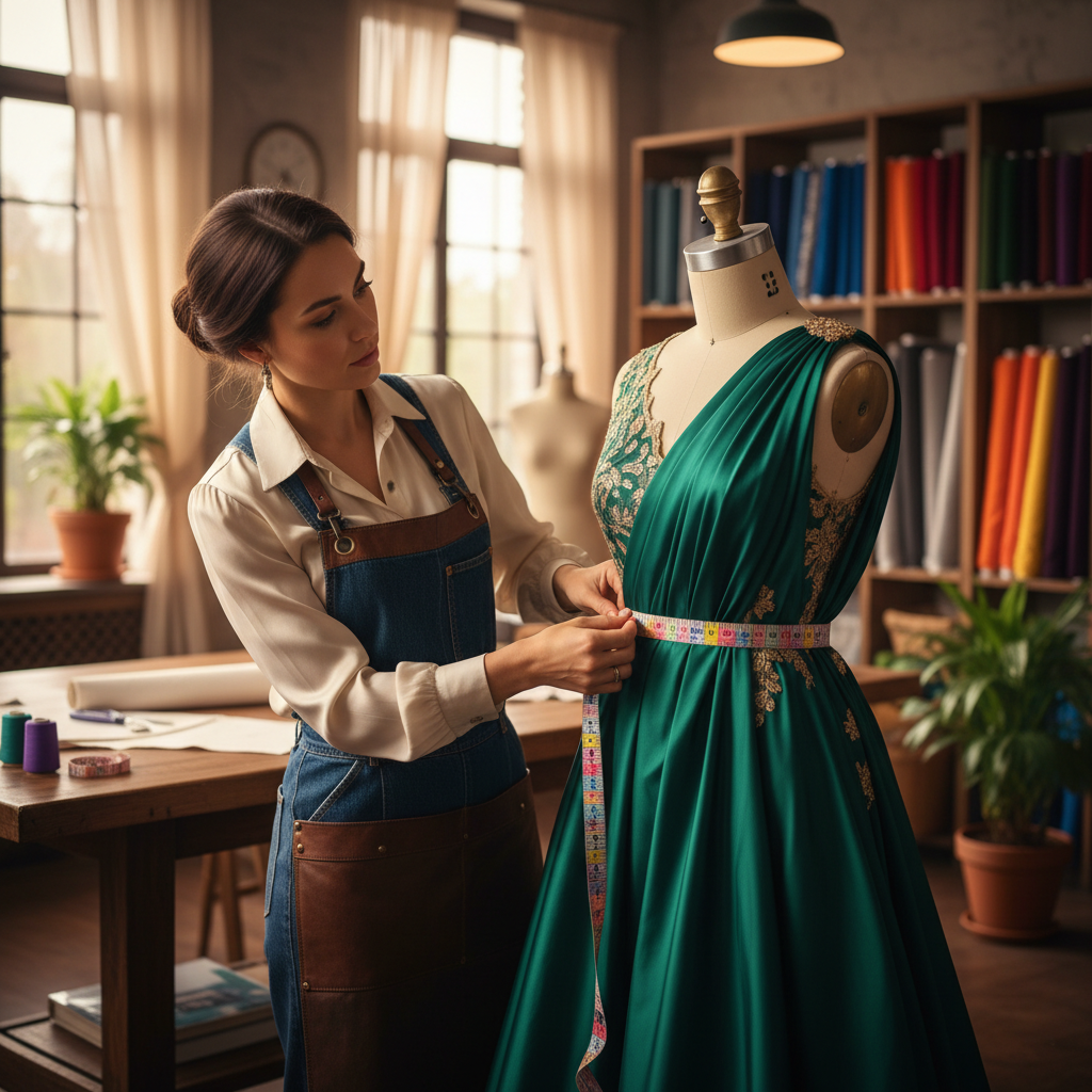 Fashion designer measuring a dress form with a colourful cloth tape measure in a studio