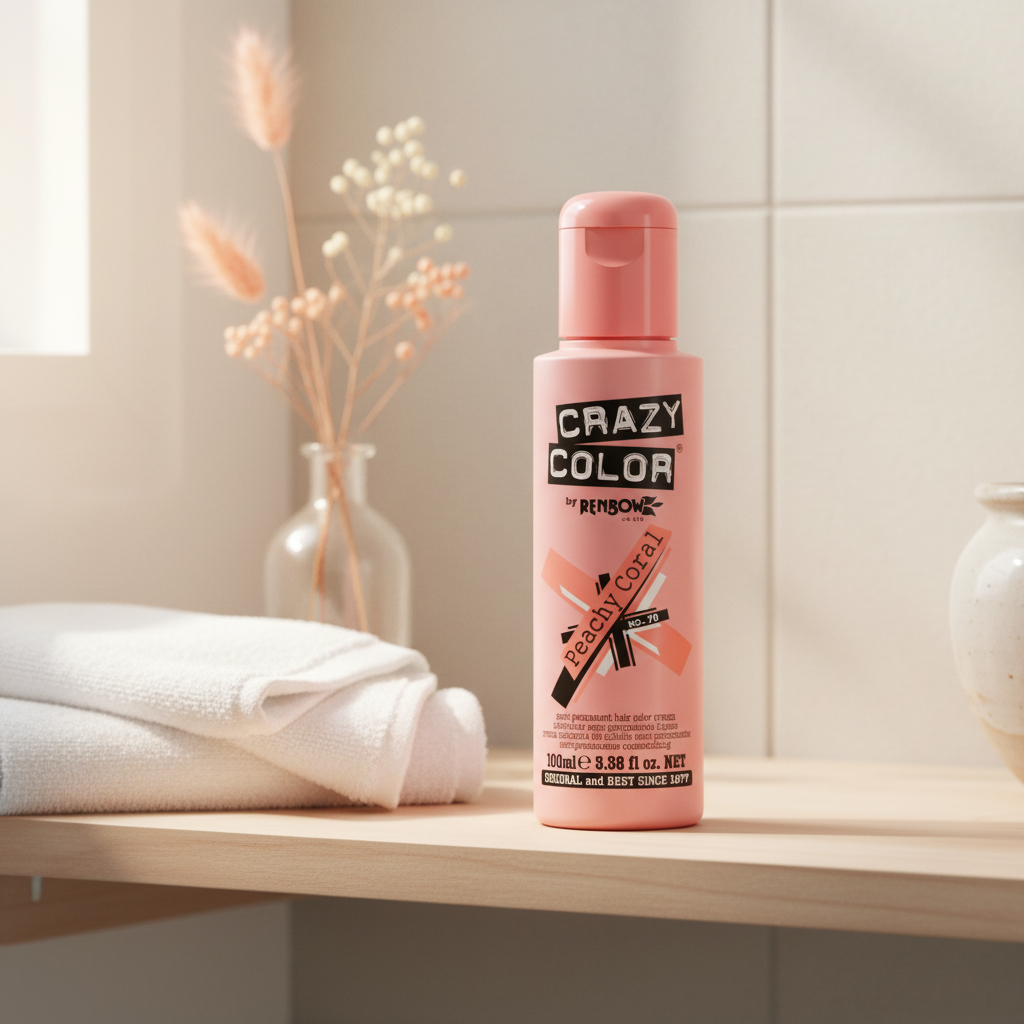 Crazy Color Peachy Coral Hair Dye 100ml styled on bathroom shelf with natural window light and minimal props