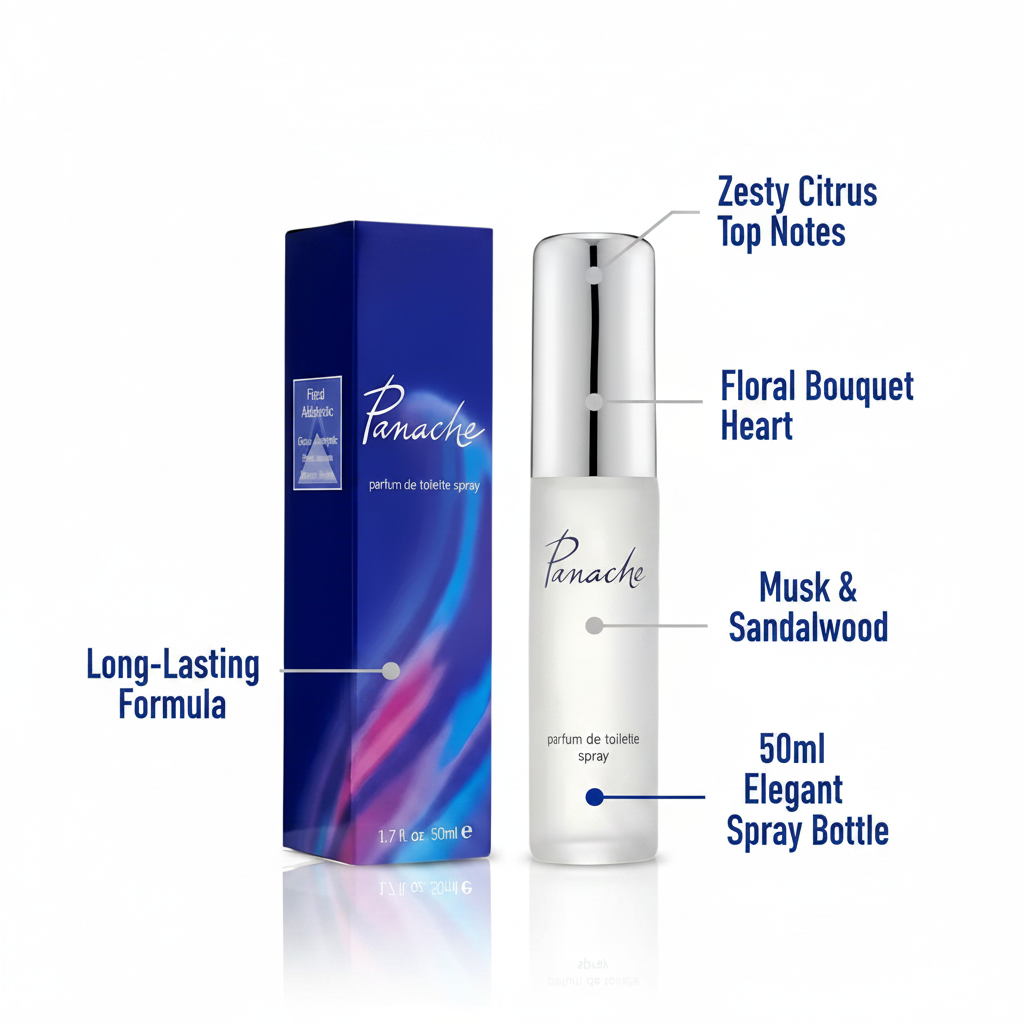 Panache Parfum De Toilette 50ml feature infographic with callout labels highlighting fragrance notes and key benefits