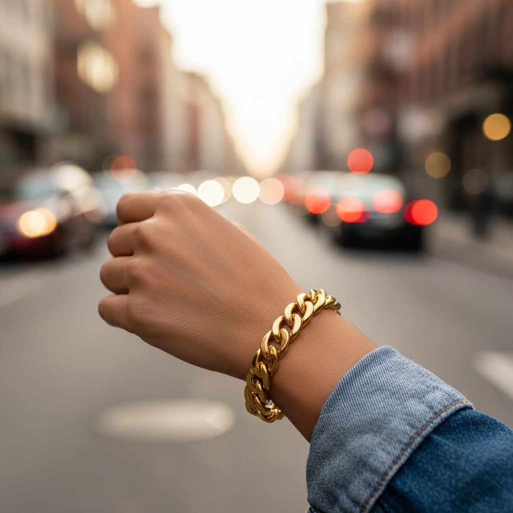 Person wearing chunky gold bracelet on wrist, urban street style lifestyle shot