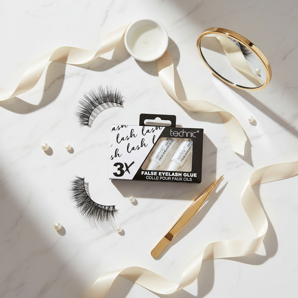 Flatlay of Technic Eyelash Glue with false lashes and beauty tools on marble surface