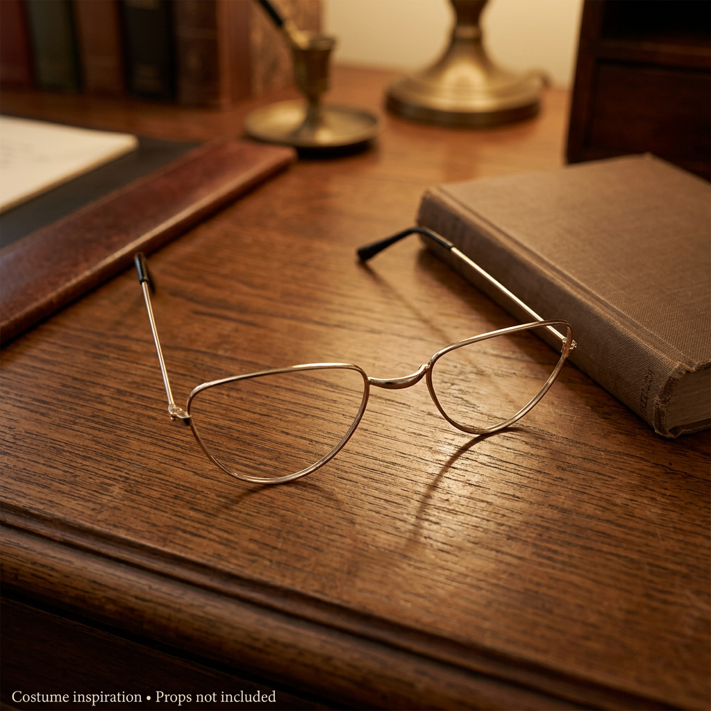 Lensless gold half-moon metal frames resting on a wooden desk beside a brown book