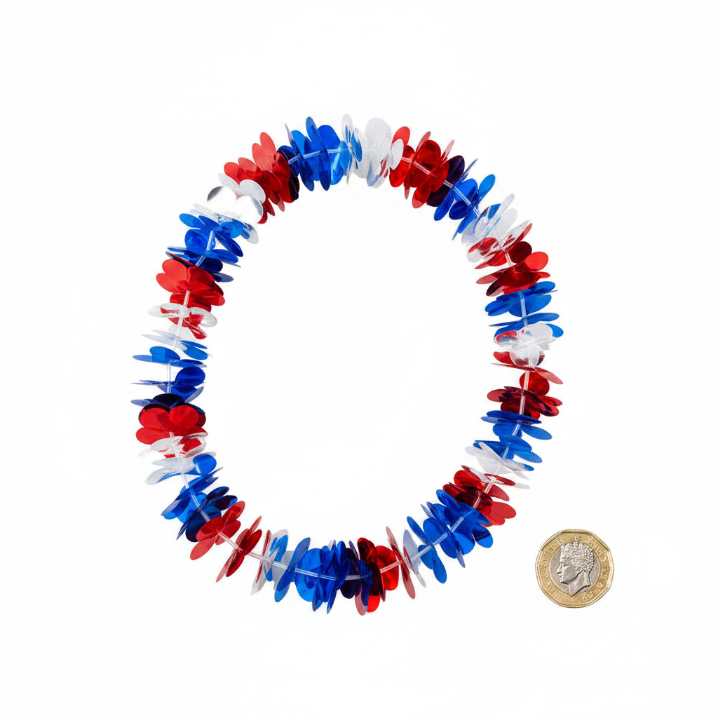 Metallic red, white and blue Hawaiian lei beside a £1 coin on white background showing product size