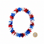 Metallic red, white and blue Hawaiian lei beside a £1 coin on white background showing product size