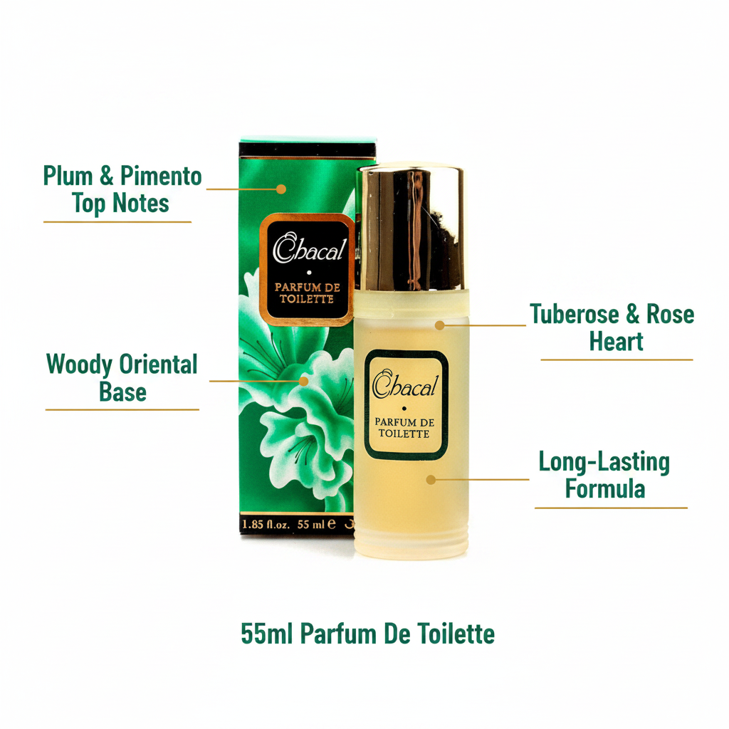 Milton Lloyd Chacal PDT 55ml feature infographic with callout labels highlighting fragrance notes and key benefits