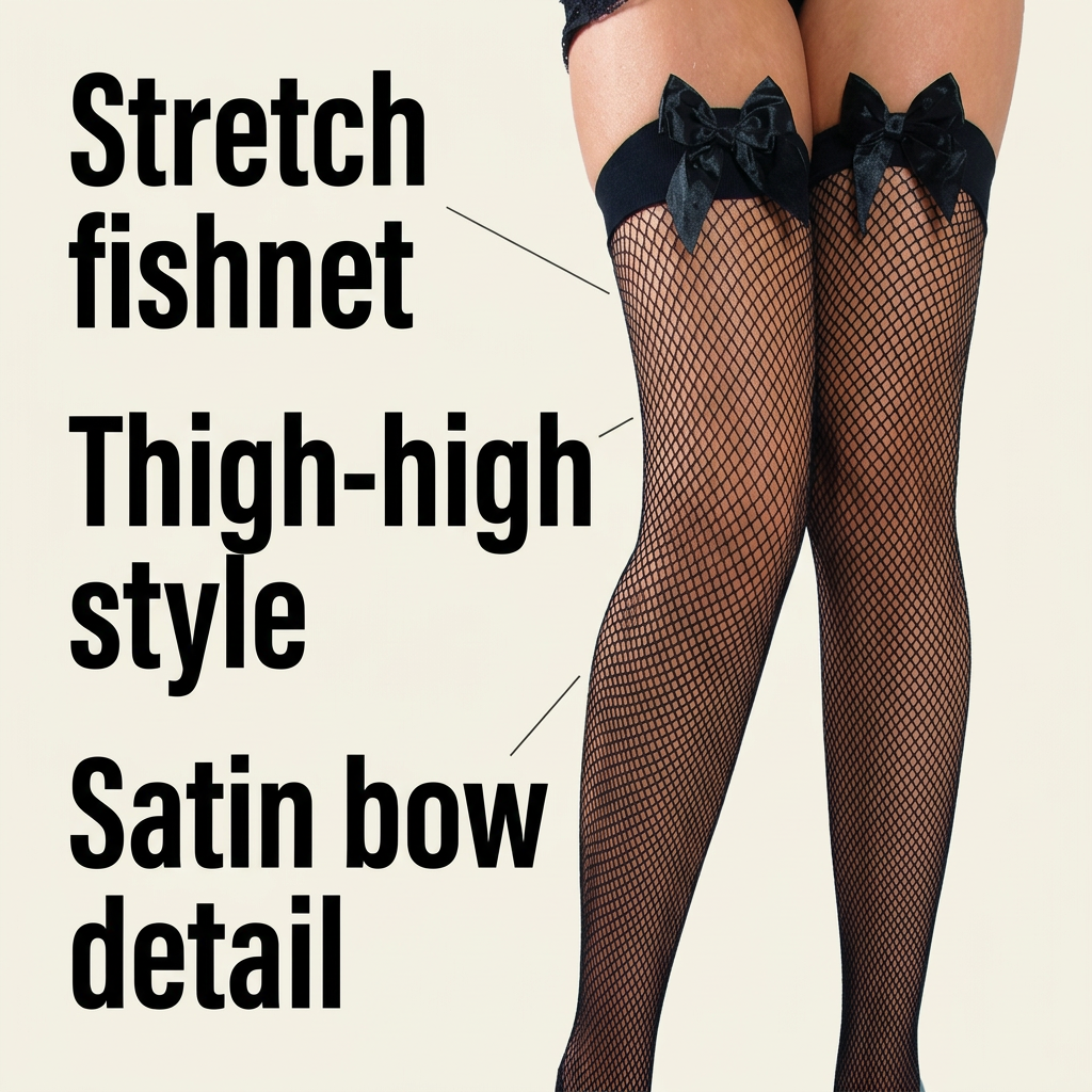 Black thigh-high fishnet stockings with satin bows, shown on a model's legs with text callouts reading 'Stretch fishnet', 'Thigh-high style', and 'Satin bow detail'.