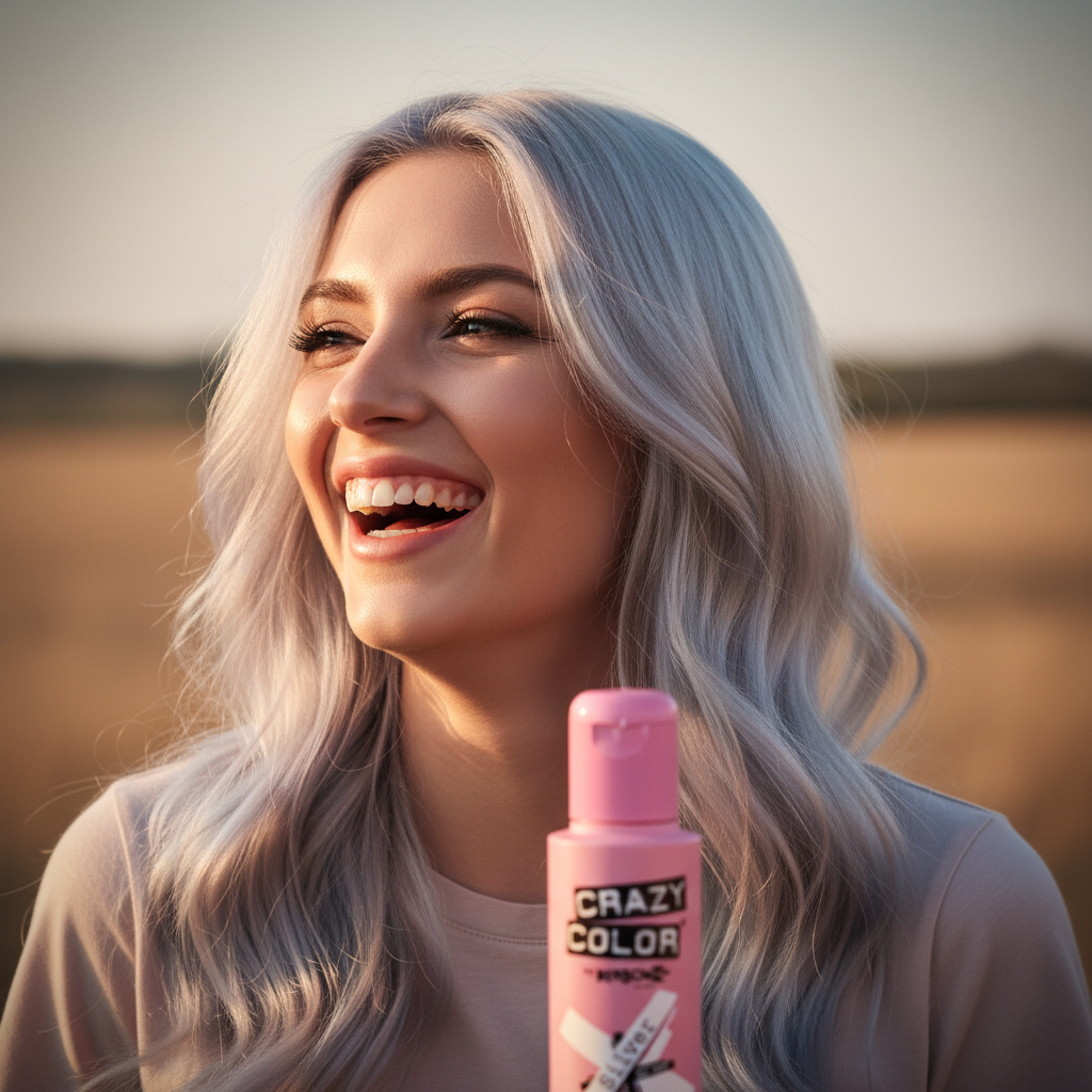 Woman with vibrant metallic silver hair laughing in golden hour light after using Crazy Color Silver hair dye