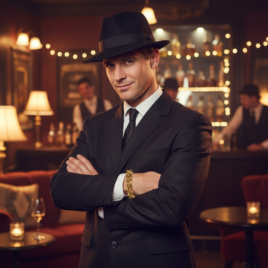 Man in 1920s gangster costume wearing gold fancy dress bracelets at themed party - Why Not Shop